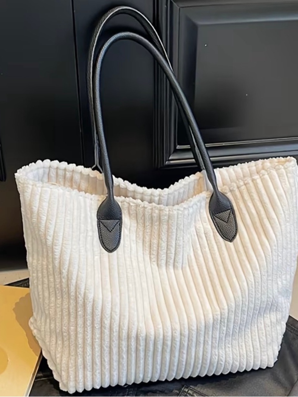 Cream Ribbed Tote with Black Leather Handles NWOT